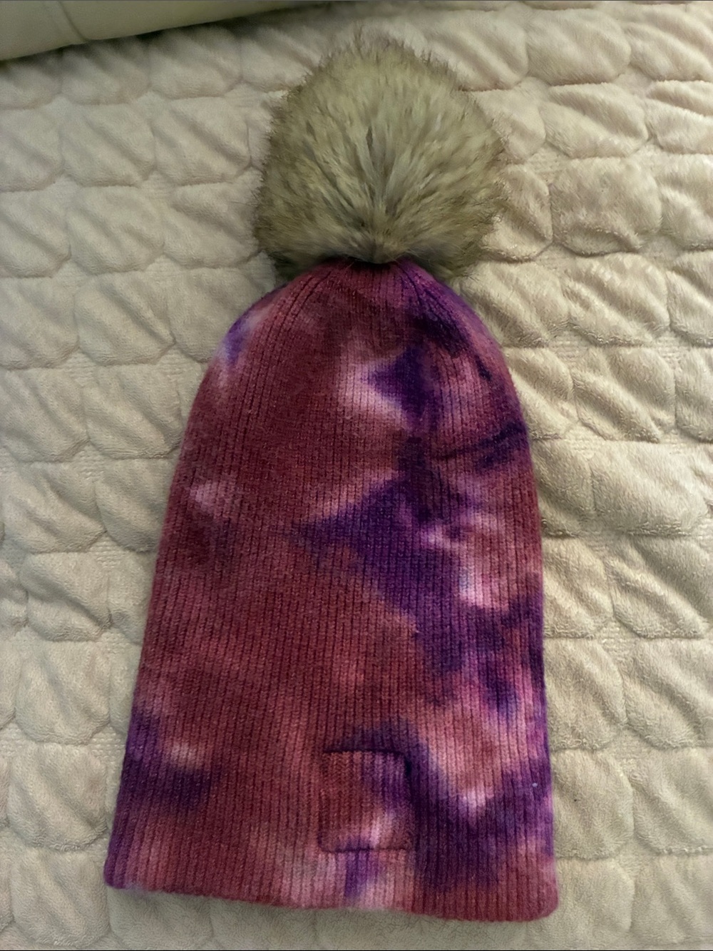 Purple & Pink Tie-Dye Knit Beanie with Faux Fur Pom